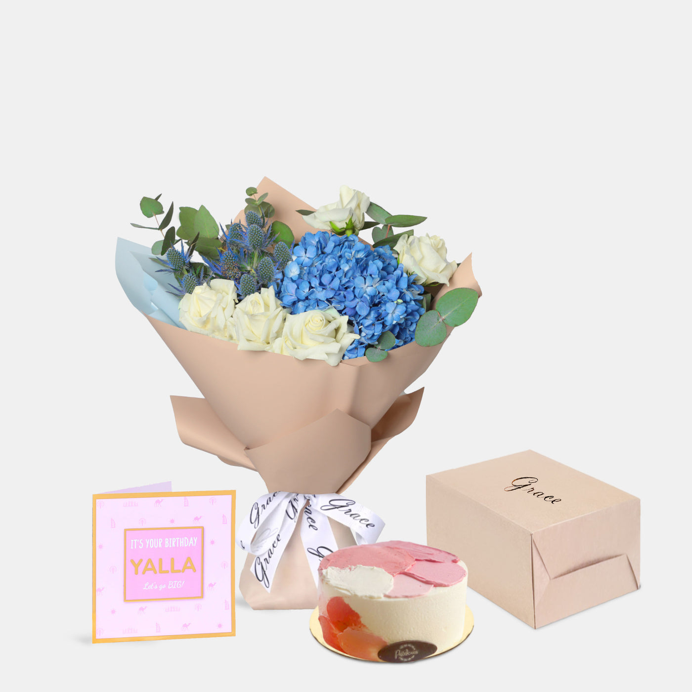 Flowers with Greetings Card and Birthday Cake