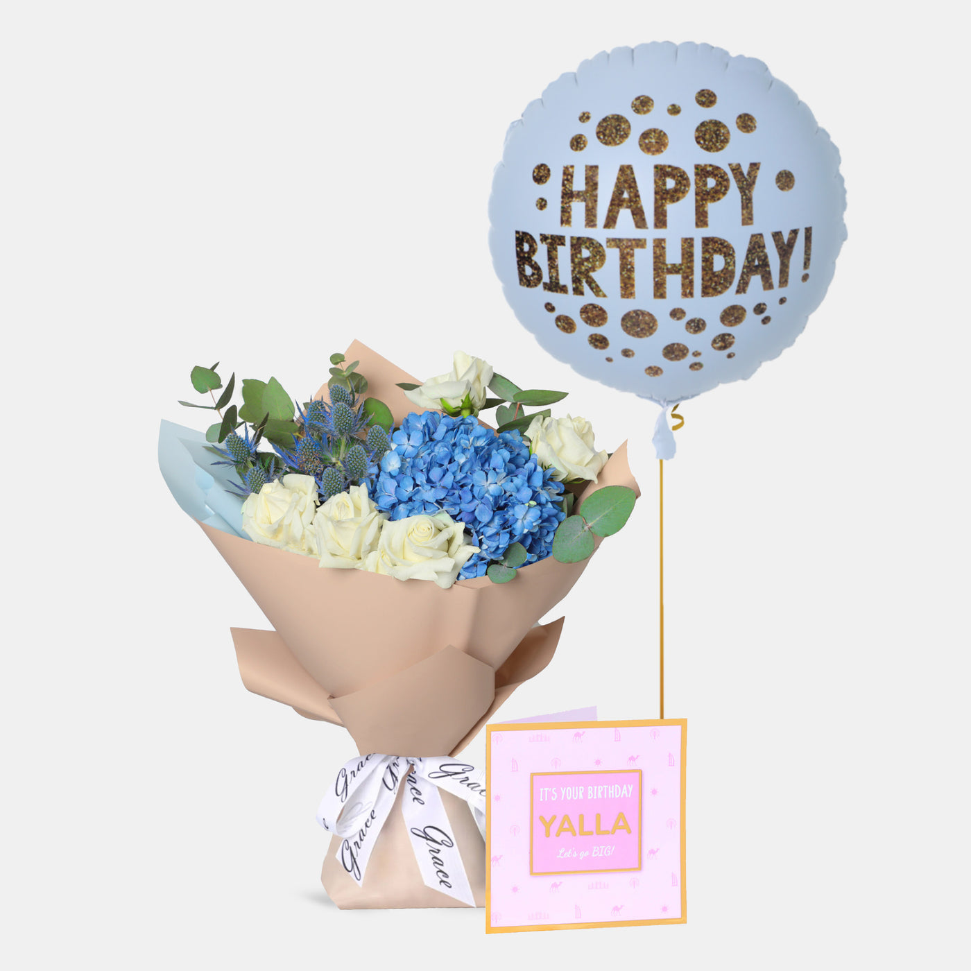 Flowers with Greetings Card and Birthday Balloons