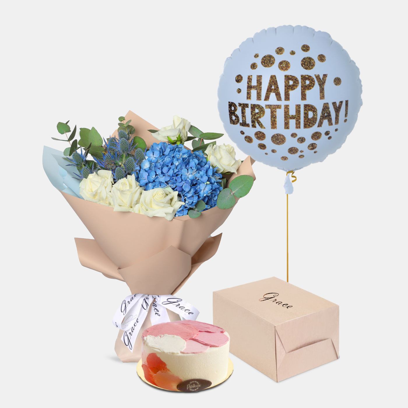 Flowers with Birthday Cake and Balloons