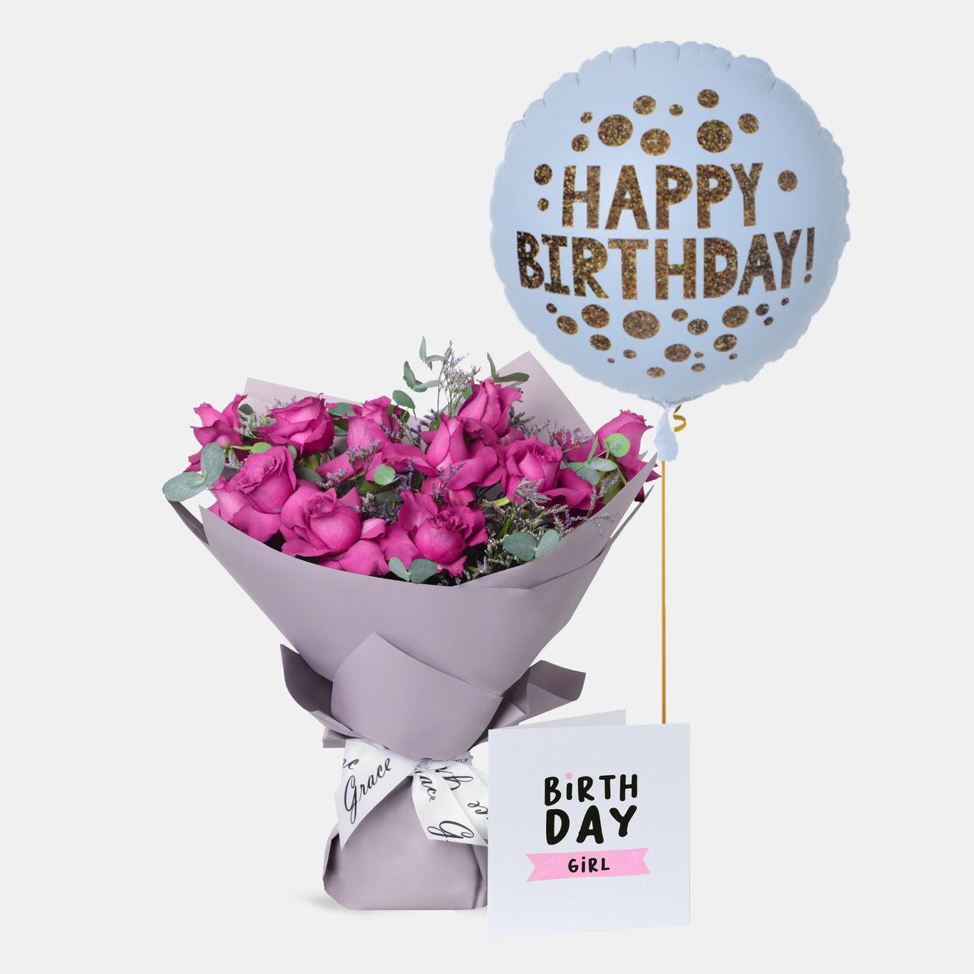 Flowers with Greetings Card and Birthday Balloons