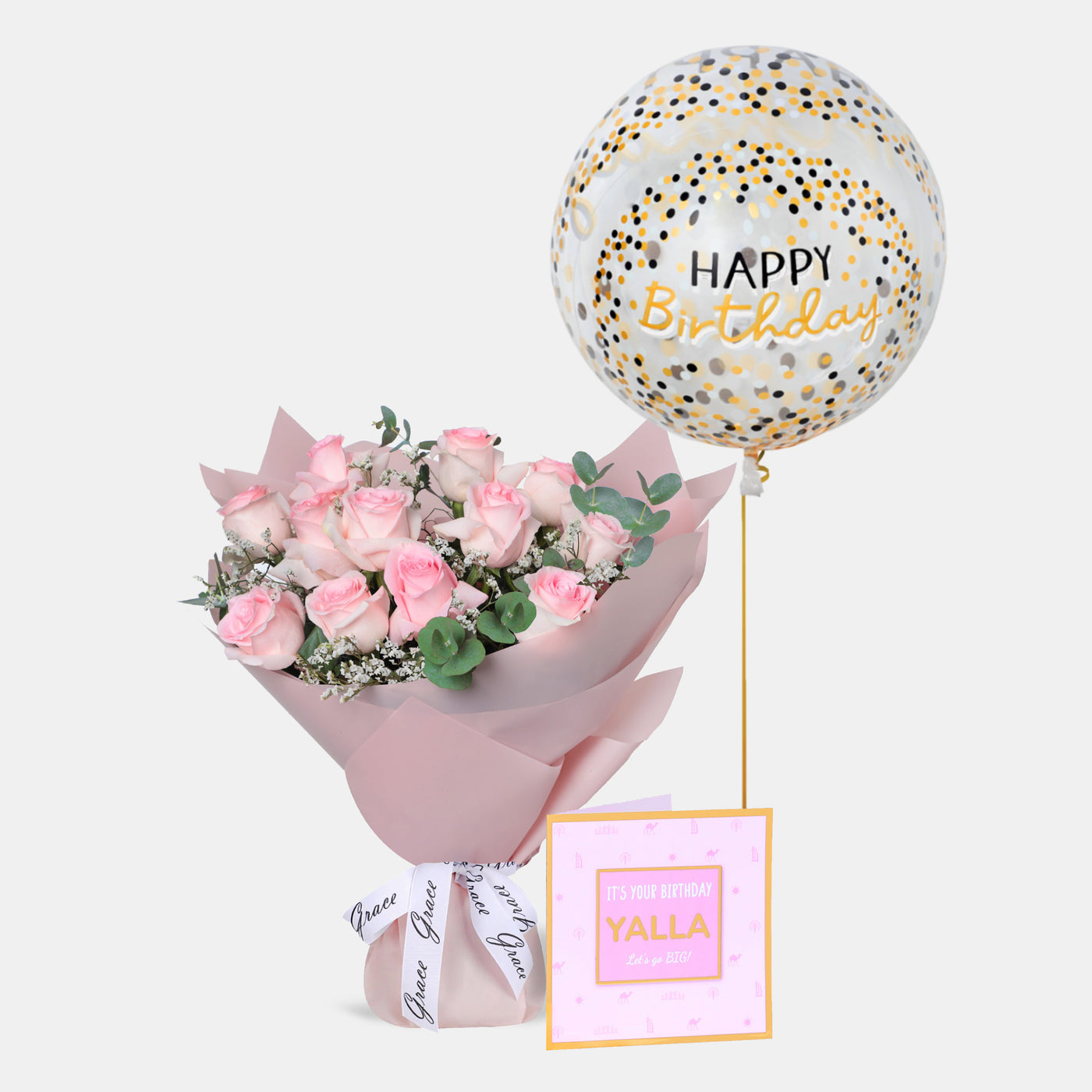 Flowers with Greetings Card and Birthday Balloons