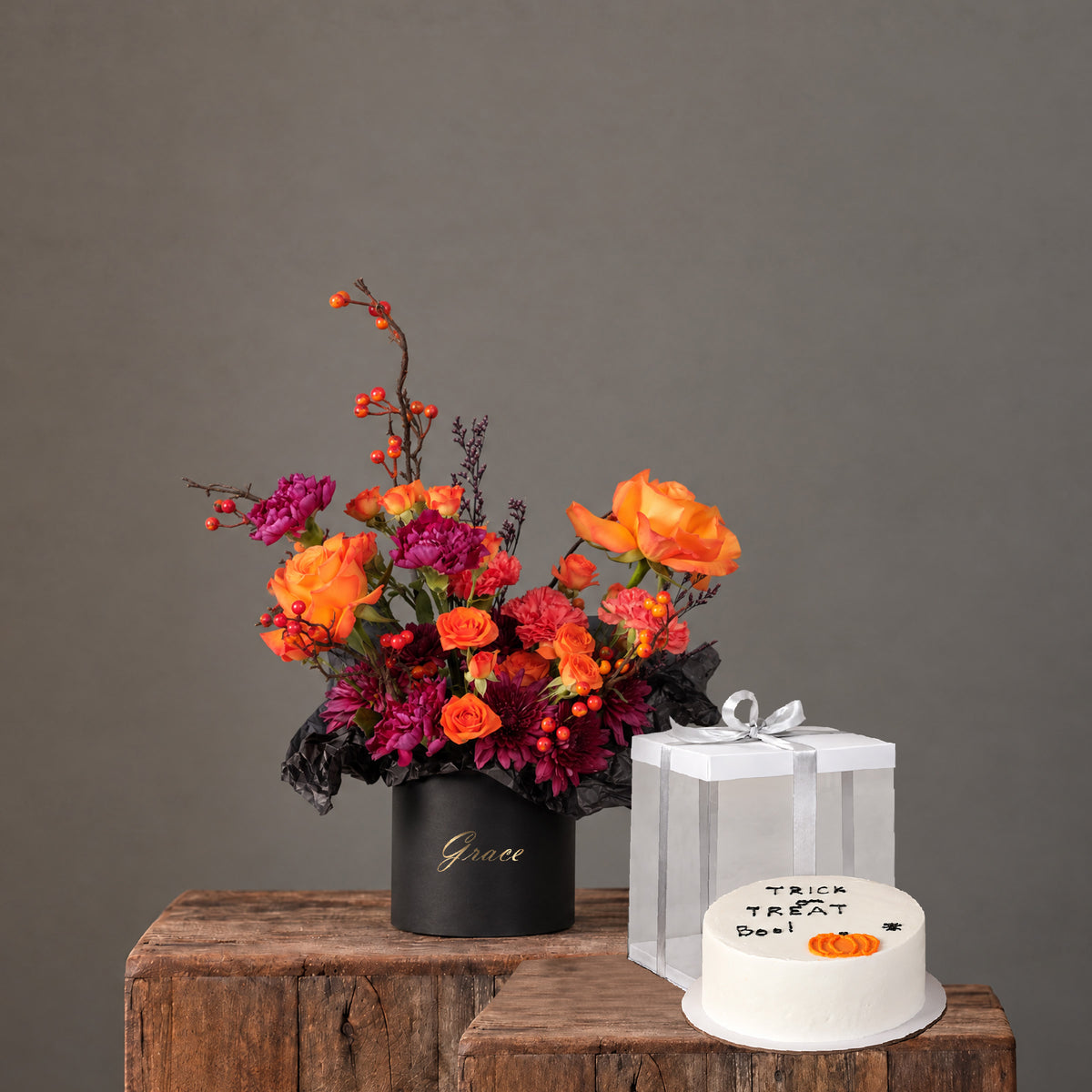 Bundle - Pumpkin with Treat or Trick Cake - Grace Flowers