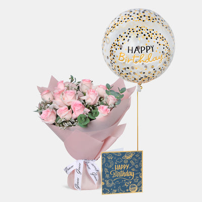 Flowers with Greetings Card and Birthday Balloons