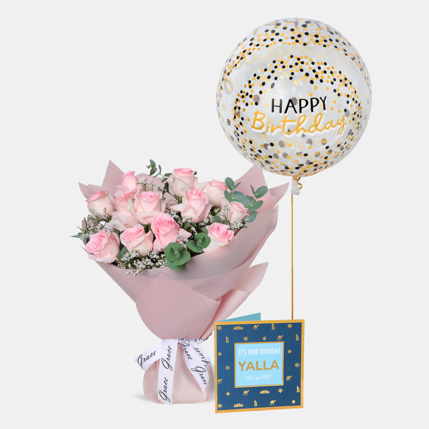 Flowers with Greetings Card and Birthday Balloons