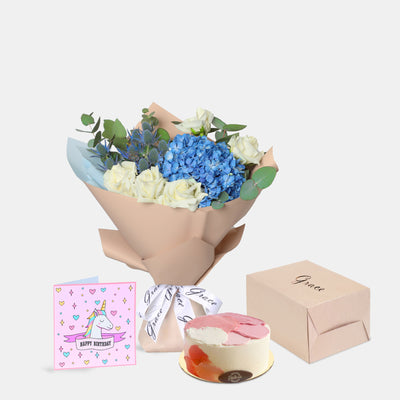 Flowers with Greetings Card and Birthday Cake