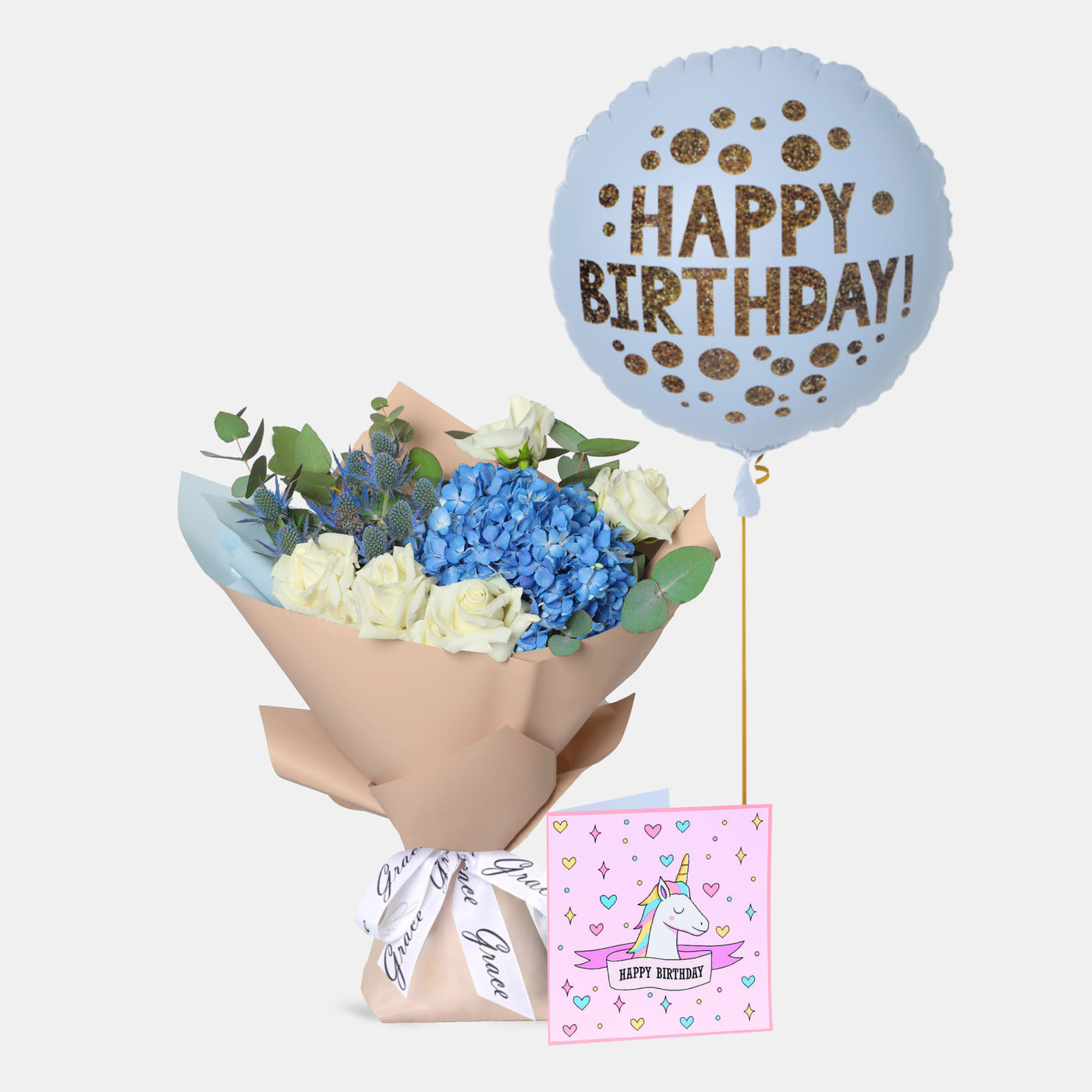 Flowers with Greetings Card and Birthday Balloons