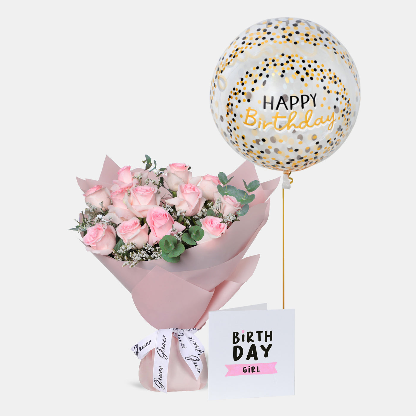 Flowers with Greetings Card and Birthday Balloons