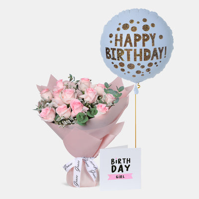 Flowers with Greetings Card and Birthday Balloons