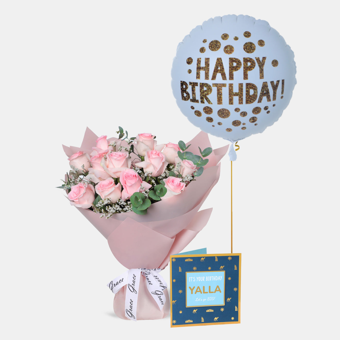 Flowers with Greetings Card and Birthday Balloons