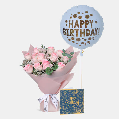 Flowers with Greetings Card and Birthday Balloons