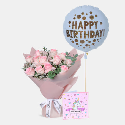 Flowers with Greetings Card and Birthday Balloons