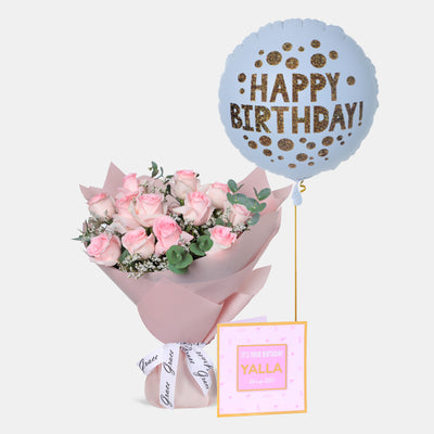 Flowers with Greetings Card and Birthday Balloons