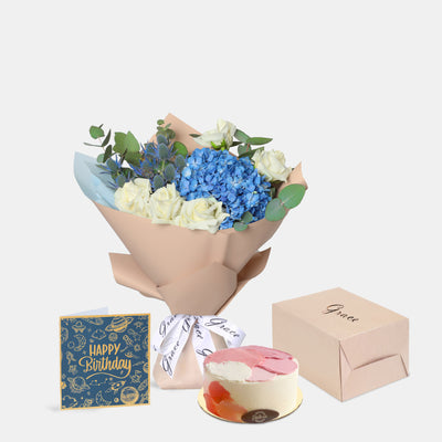 Flowers with Greetings Card and Birthday Cake