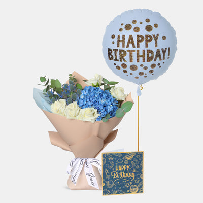 Flowers with Greetings Card and Birthday Balloons