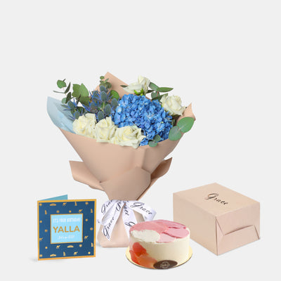 Flowers with Greetings Card and Birthday Cake