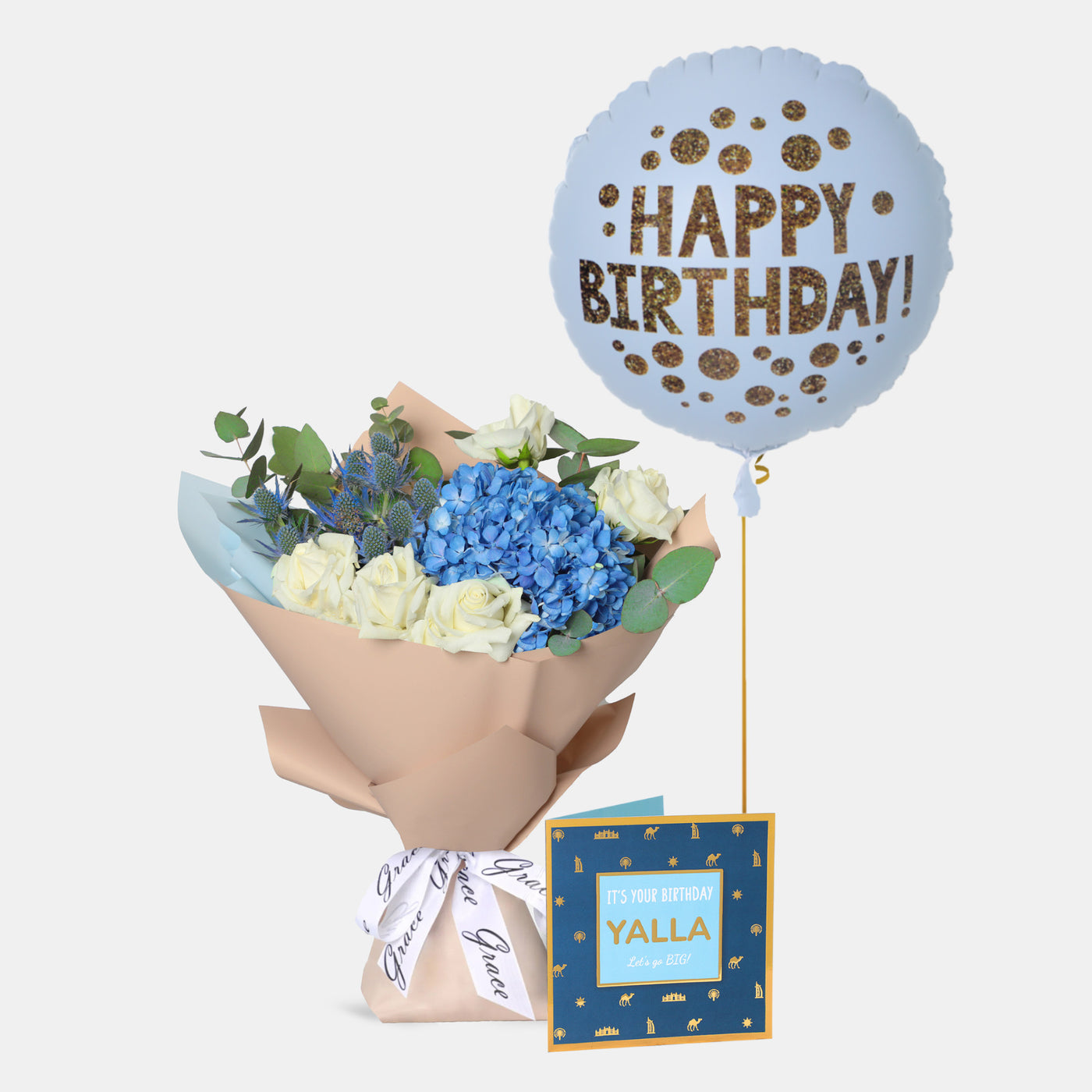 Flowers with Greetings Card and Birthday Balloons