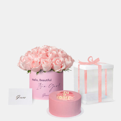 Baby Girl Pink Roses with Cake