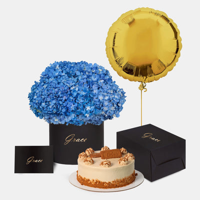 Blue Hydrangea in Box with Cake Bundle