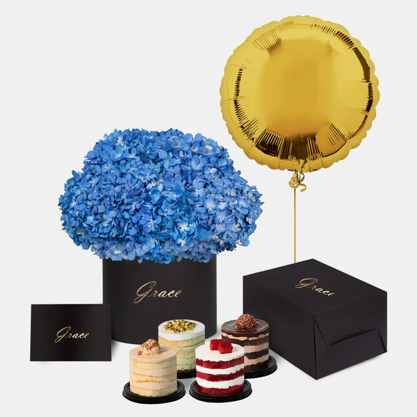 Blue Hydrangea in Box with Mini Cake and Balloons