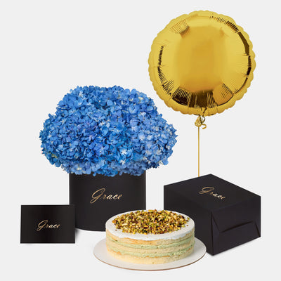 Blue Hydrangea in Box with Cake Bundle