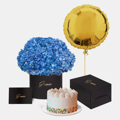 Blue Hydrangea in Box with Cake Bundle
