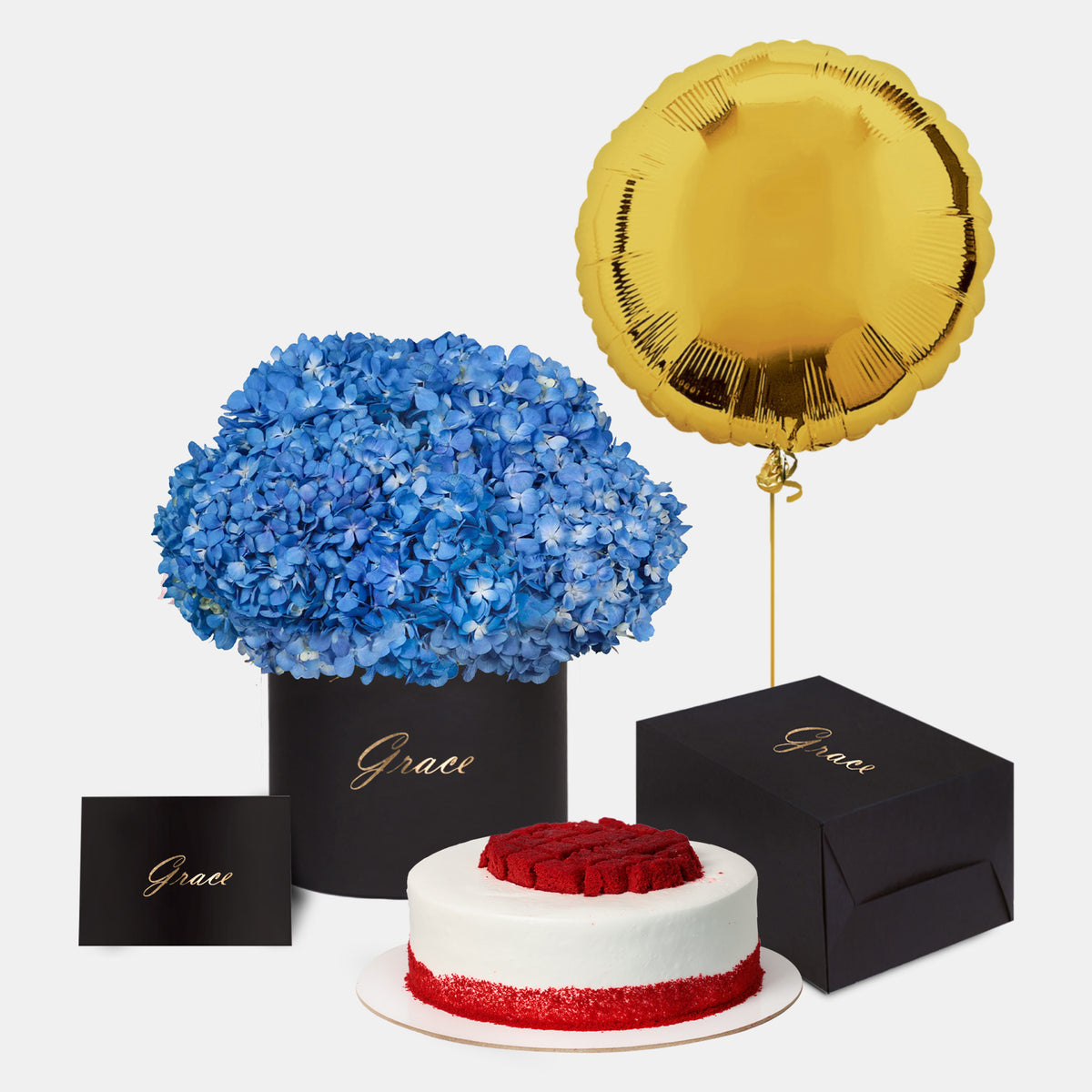 Blue Hydrangea in Box with Cake Bundle