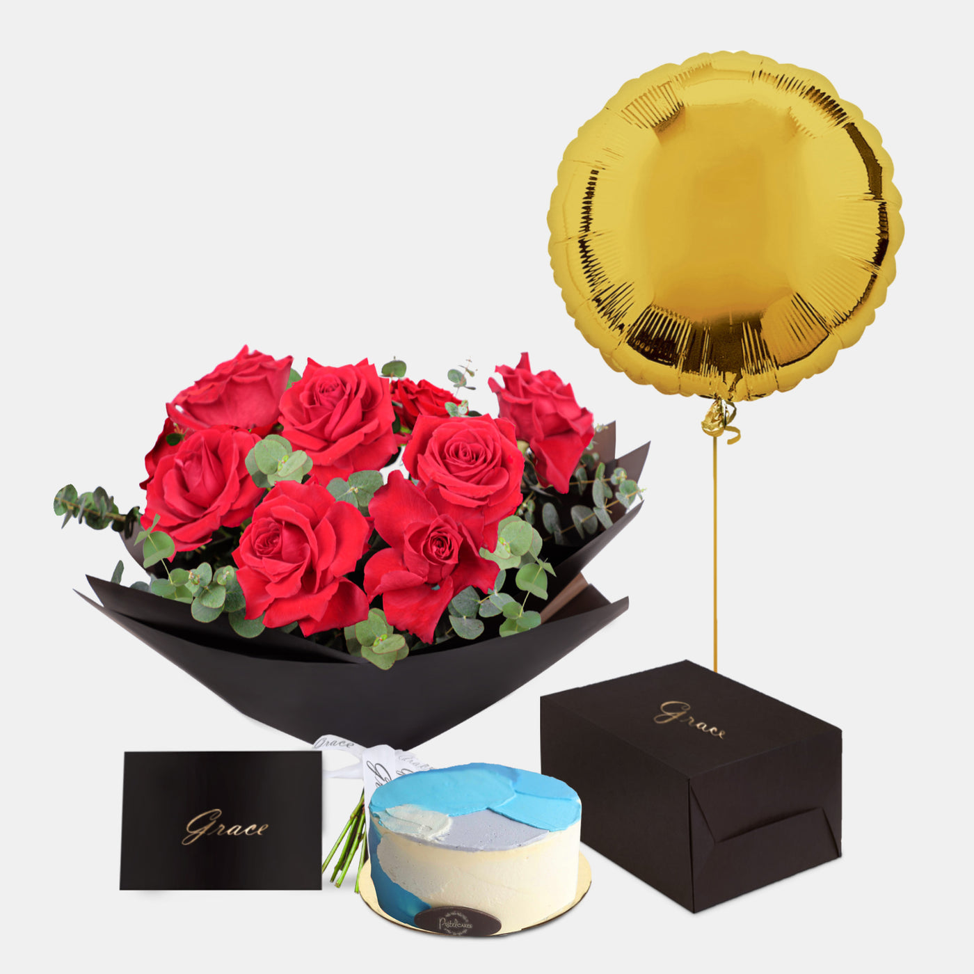 Red Roses Bouquet with Birthday Cake and Gold Foil Balloons