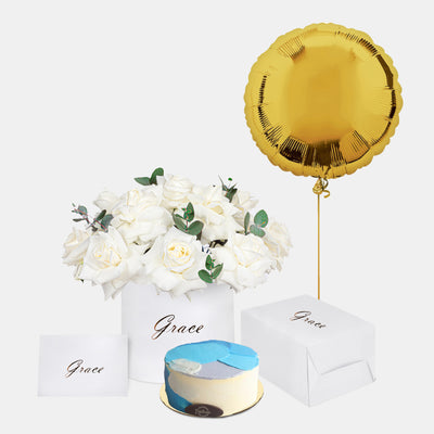 White Roses in Box  with Bento Cake and Gold Foil Balloons