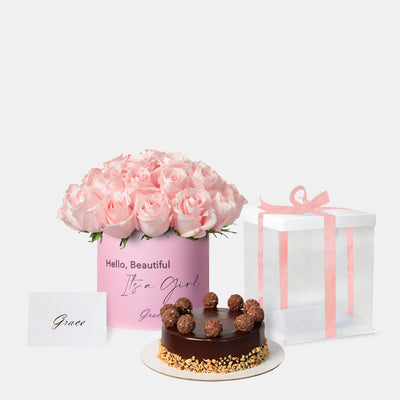 Baby Girl Pink Roses with Cake