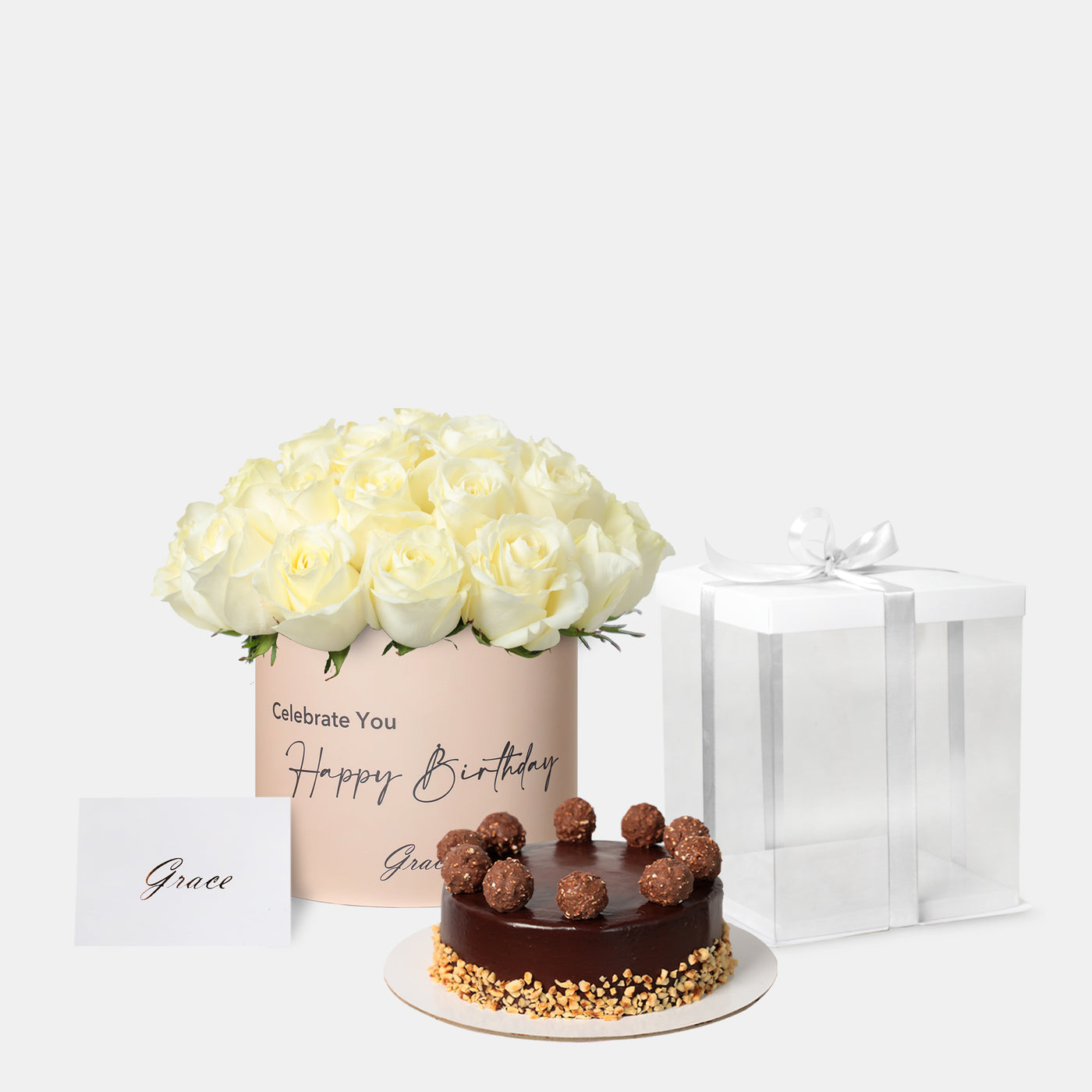 Joyful Birthday White Roses with Cake