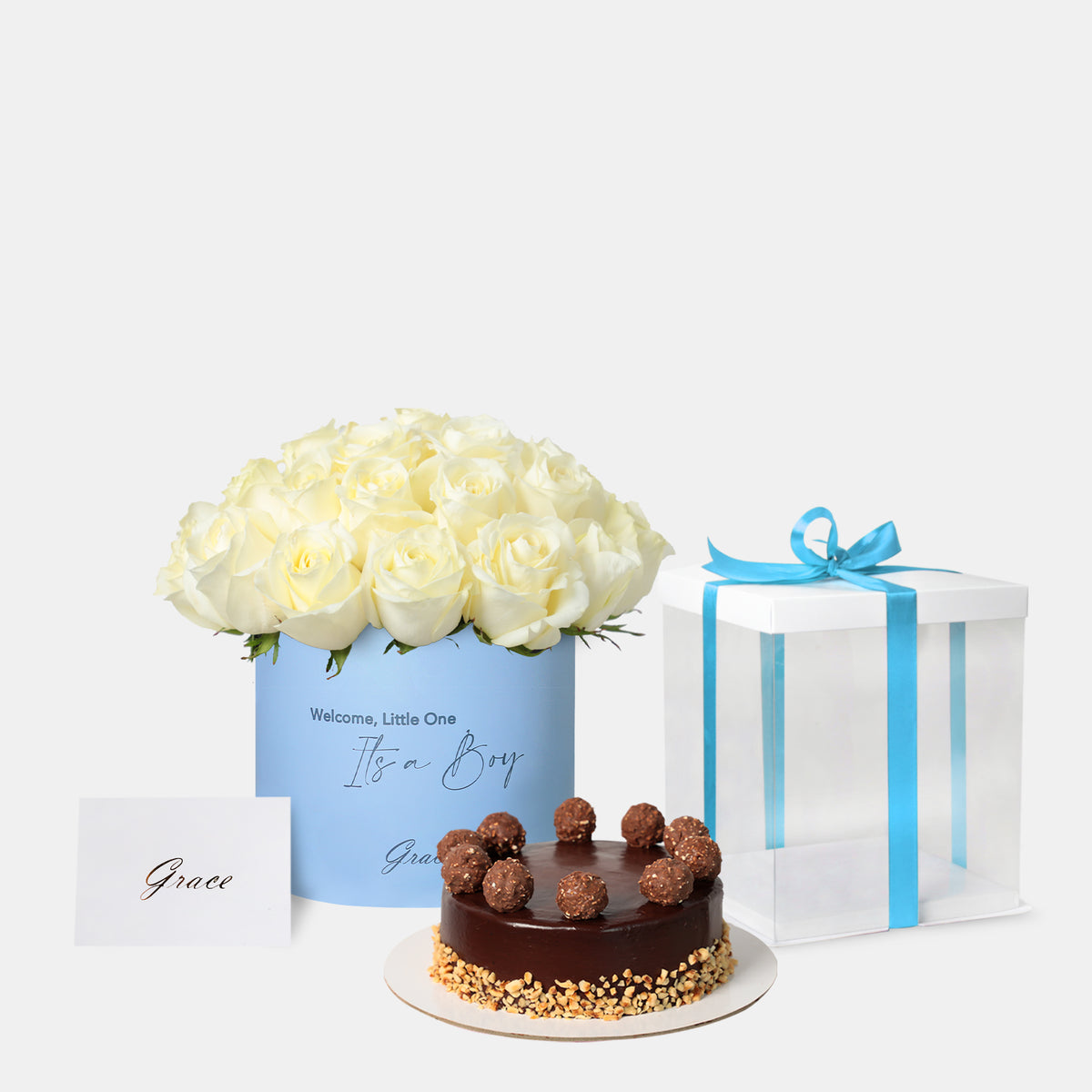 Baby Boy White Roses with Cake