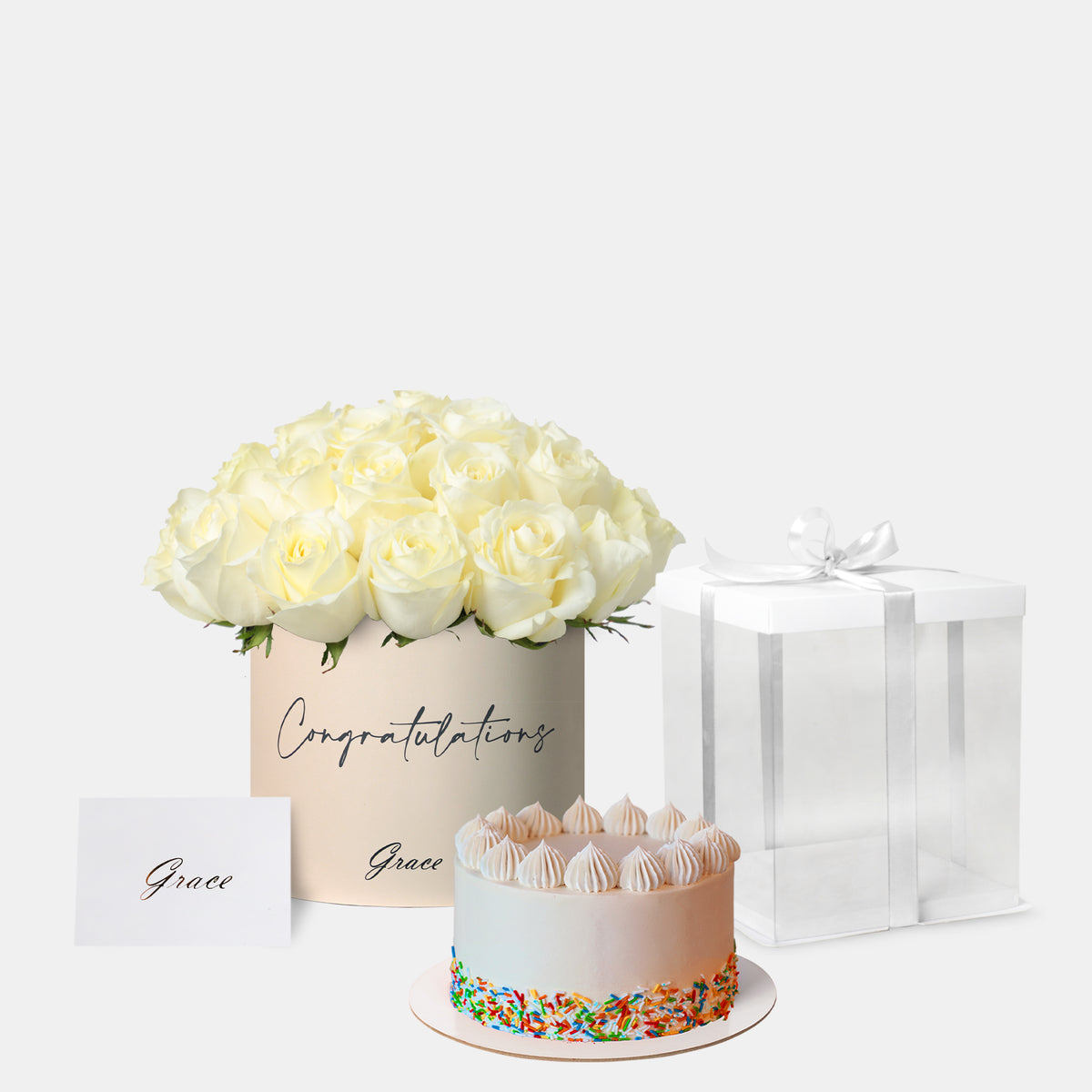 Well Done White Roses with Cake