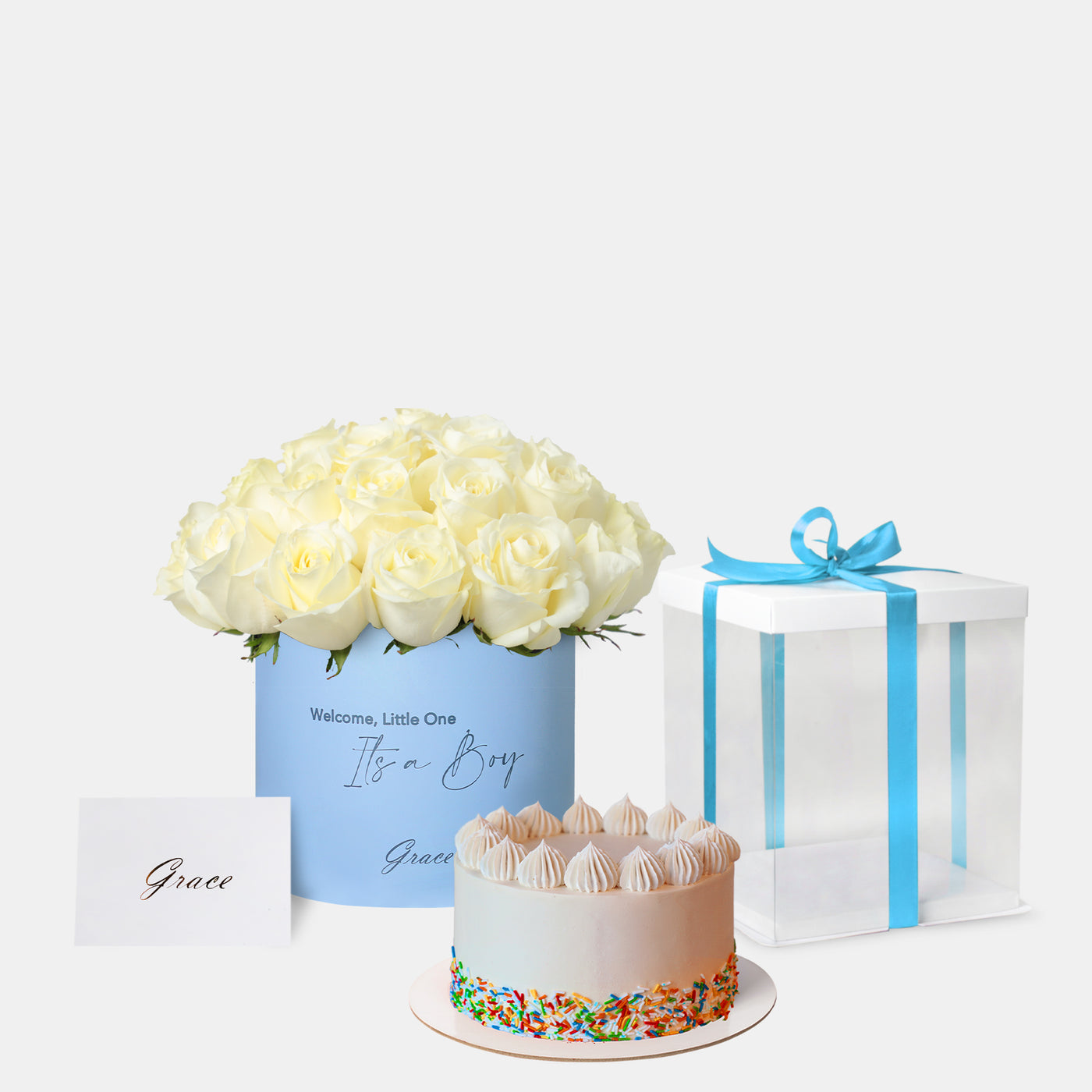 Baby Boy White Roses with Cake