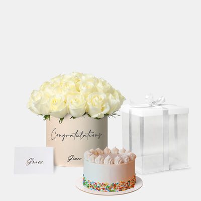 Well Done White Roses with Cake