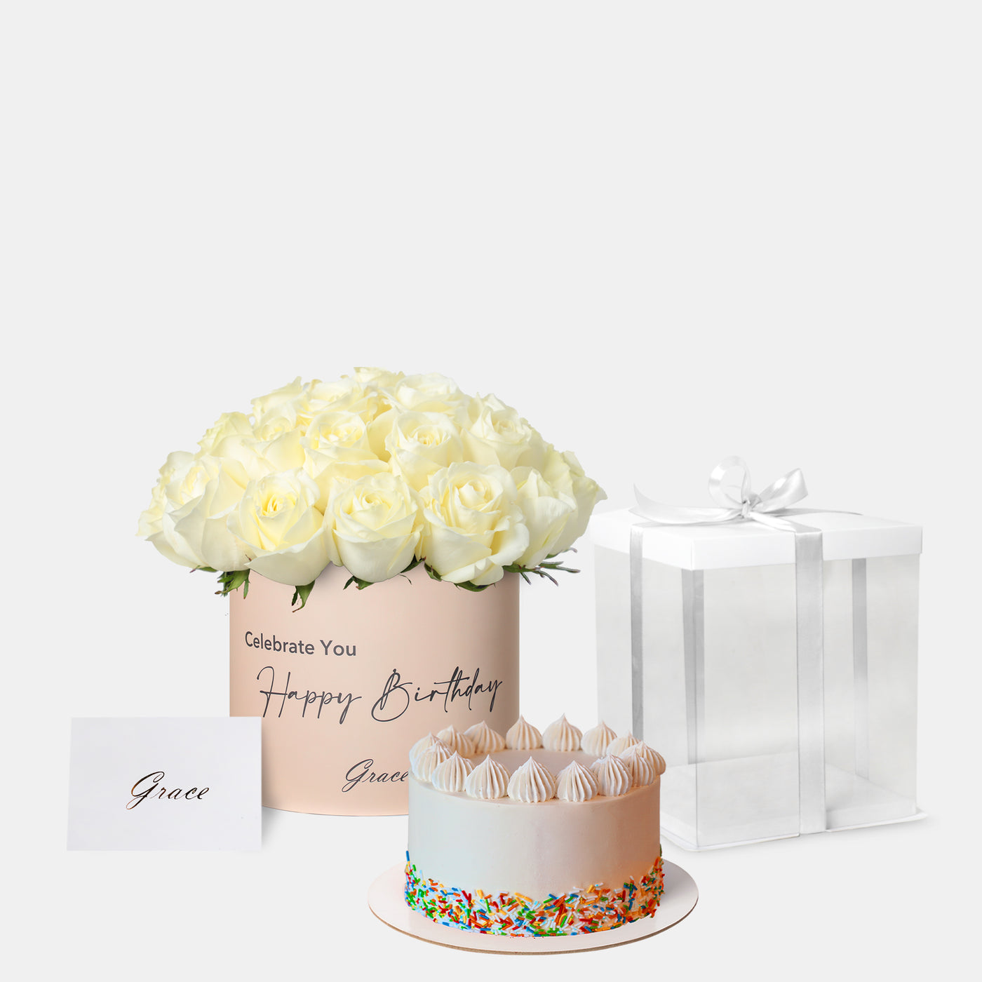 Joyful Birthday White Roses with Cake