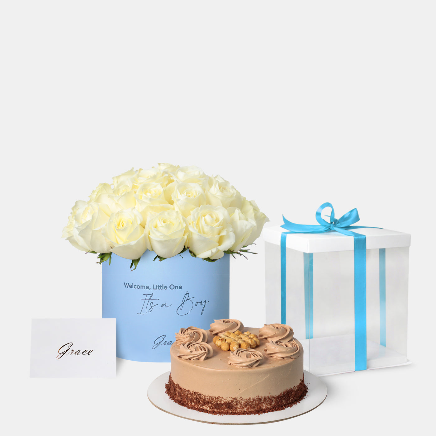 Baby Boy White Roses with Cake