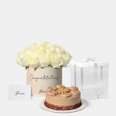 Well Done White Roses with Cake