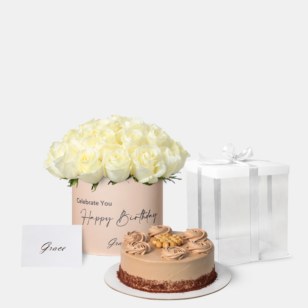 Joyful Birthday White Roses with Cake
