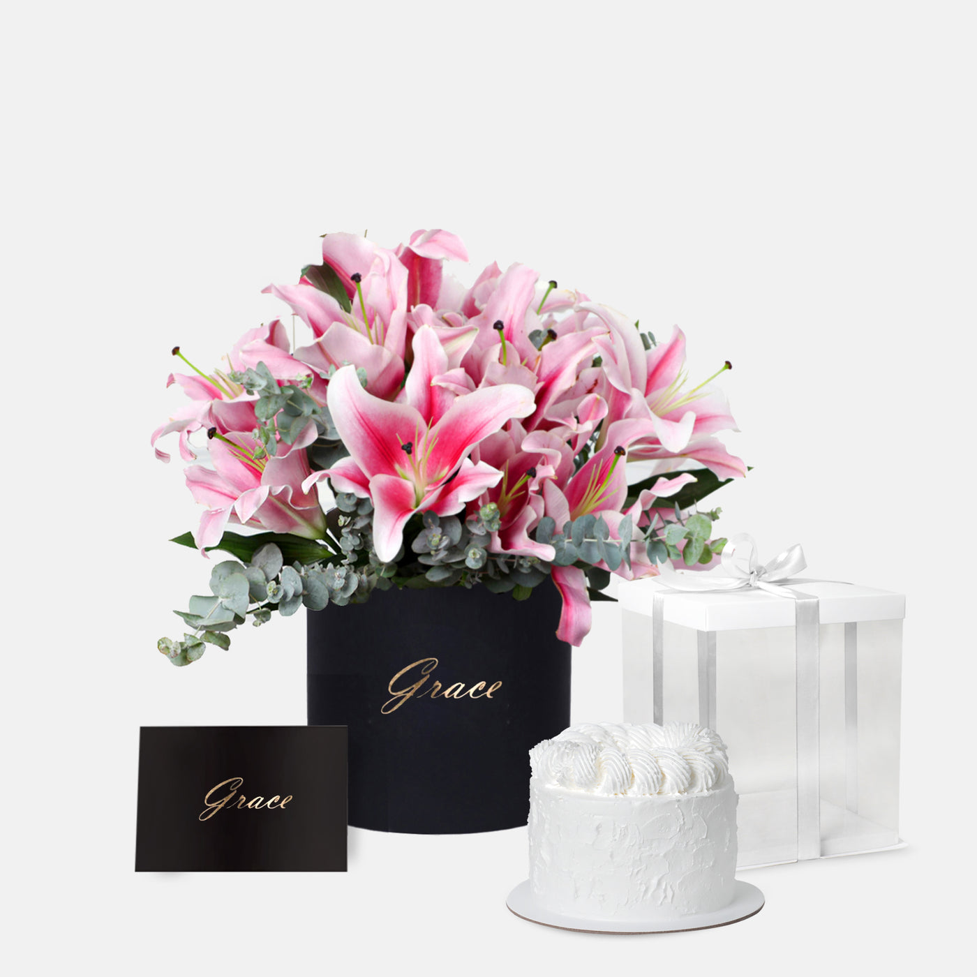 Pink Lilies in Box with Cake