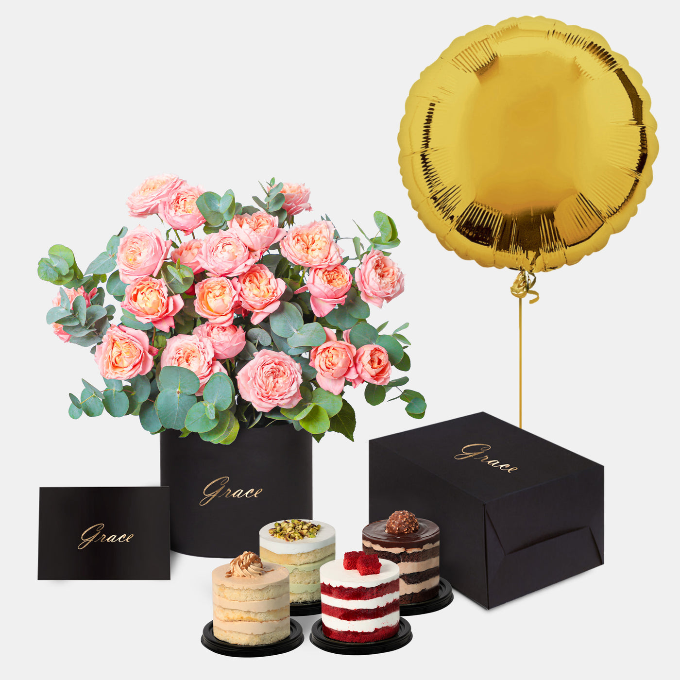 Julieta Spray Peach in Box with Mini Cake and Balloons