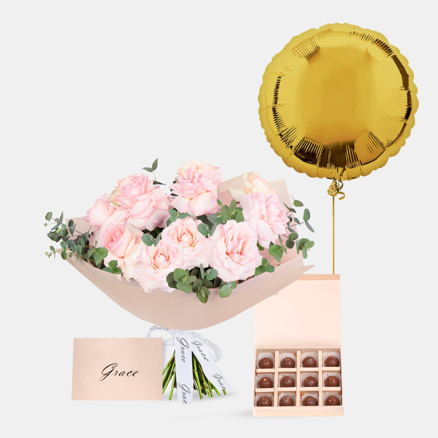 Pink Roses Bouquet with Chocolate Truffles 12Pcs and Gold Foil Balloons