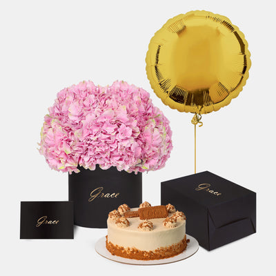 Pink Hydrangea in Box with Cake Bundle