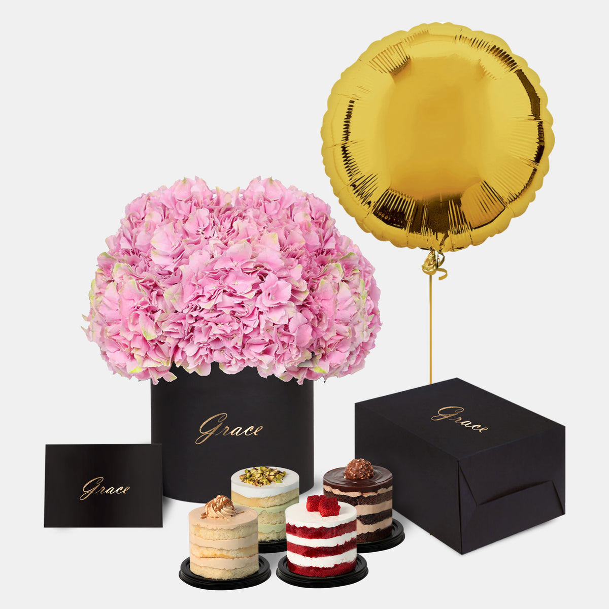 Pink Hydrangea in Box with Mini Cake and Balloons