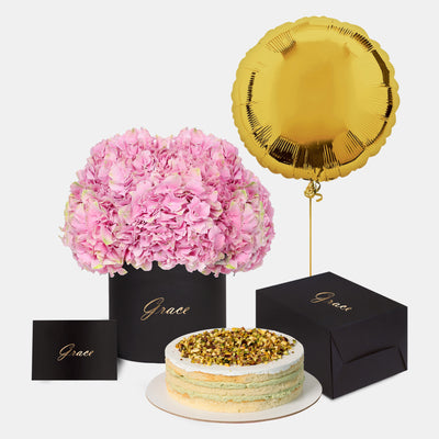Pink Hydrangea in Box with Cake Bundle