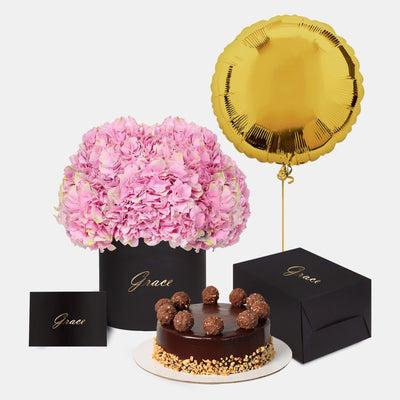 Pink Hydrangea in Box with Cake Bundle