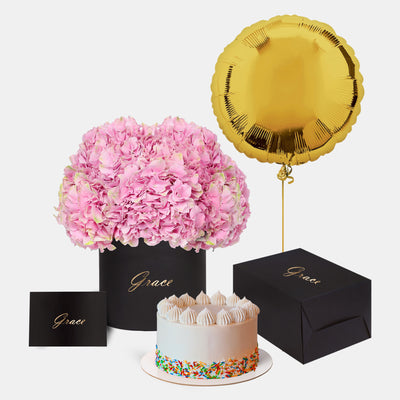Pink Hydrangea in Box with Cake Bundle