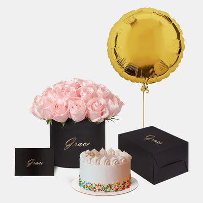 Pink Roses in Box with Cake Bundle