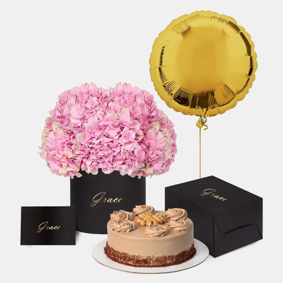 Pink Hydrangea in Box with Cake Bundle