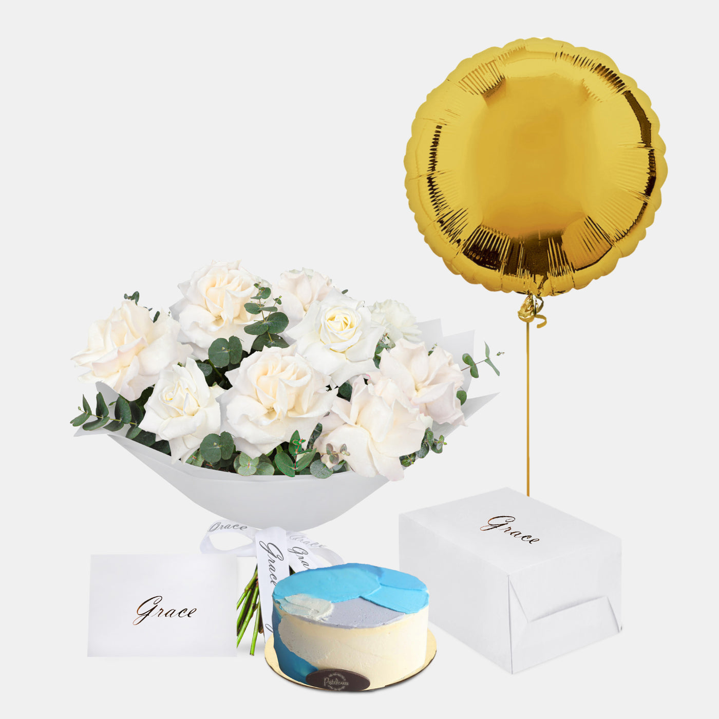 White Roses Bouquet with Birthday Cake and Gold Foil Balloons