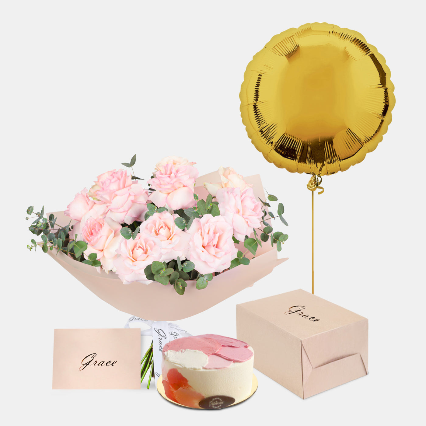 Pink Roses Bouquet with Birthday Cake and Gold Foil Balloons